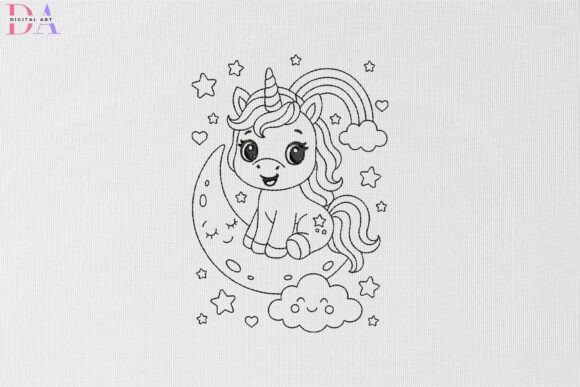 Cute Unicorn on Moon with Rainbow